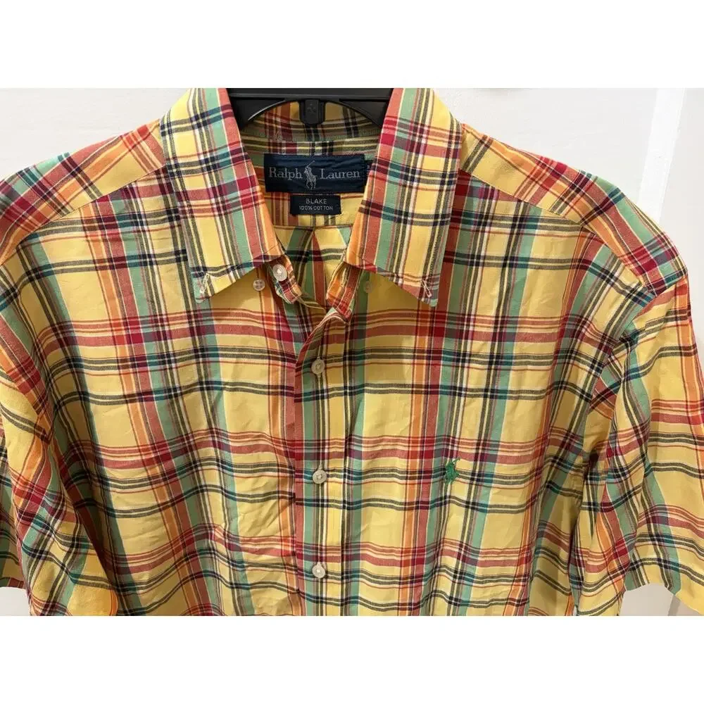 Polo Ralph Lauren Shirt Mens Medium Button Up Yellow Blue Red Plaid Blake 90s